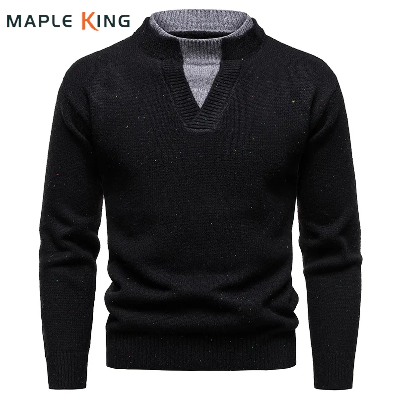 

Fake Two Piece Designer V-neck Henley Stand Collar Sweater for Men Luxury Brand Clothes Colored Point Warm Pullovers Knitwear