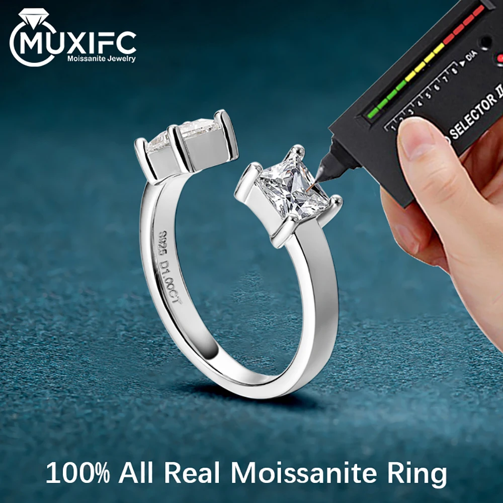 

Открытое кольцо из стерлингового серебра 925 пробы с муассанитом, регулируемый цвет D, квадратные кольца на палец, модные ювелирные изделия, подарочное обручальное кольцо для женщин