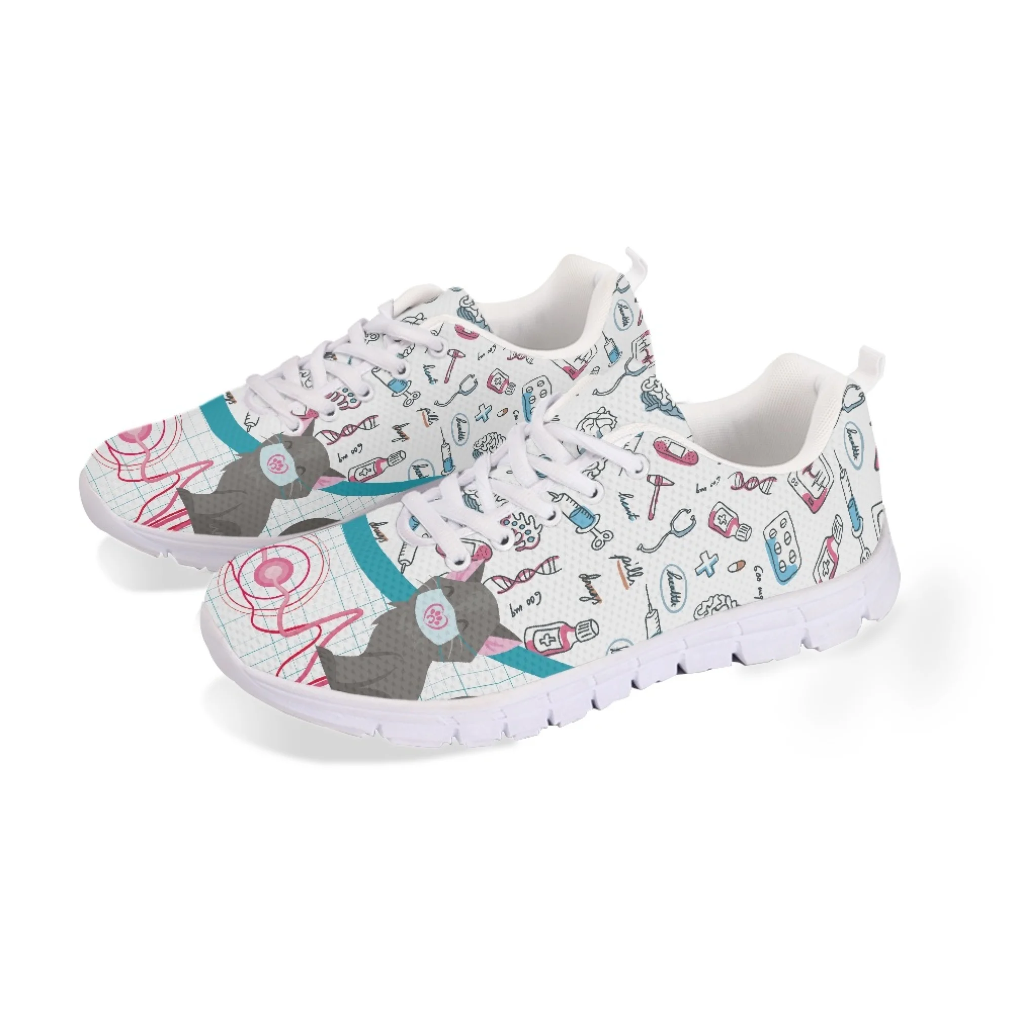 Yikeluo Nursing Casual Shoes for Women Cute Cat Dog Print Designer Ladies Flats Sneaker Zapatos Mujer Running Sport Footwear