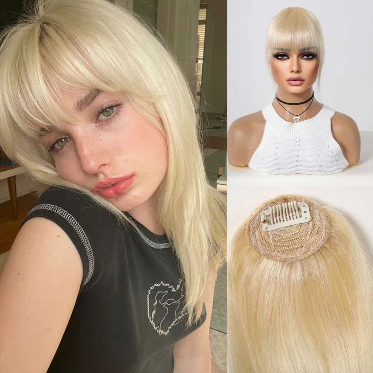 100% Real Human Hair Blonde Golden Wispy Bangs Clip in Hair Extensions Natural Air Bangs Hairpieces for Women Daily Wear 4.5inch