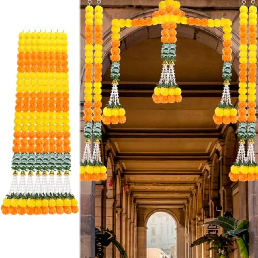 

8PCS Diwali Artificial Marigold Garland for Home Decor, Marigold Long Strands with Bells and Leaves for India Wedding, Pooja De