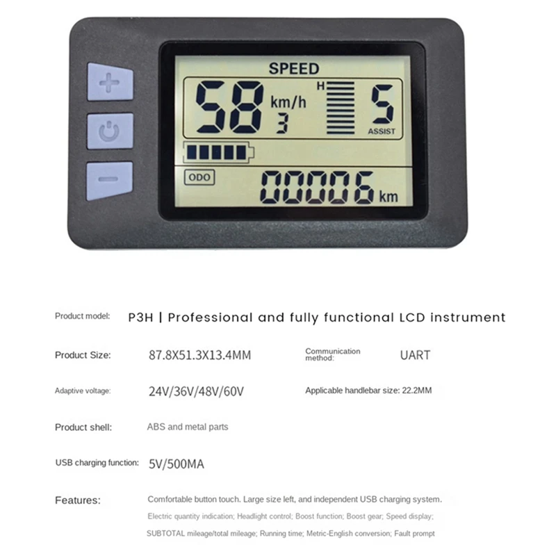 Panel de pantalla LCD P3H, medidor de bicicleta eléctrica, 24V-60V, para patinete eléctrico