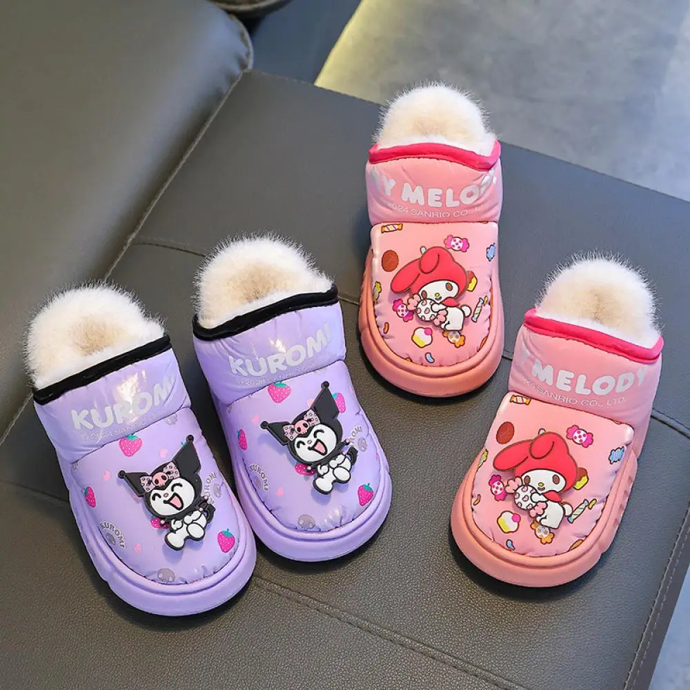 Kawaii Sanrioed Hello Kitty Kuromi Child Plush Slippers Anime Winter Cartoon Cotton Soft Bottom Anti Slip Warm Home Cotton Shoes