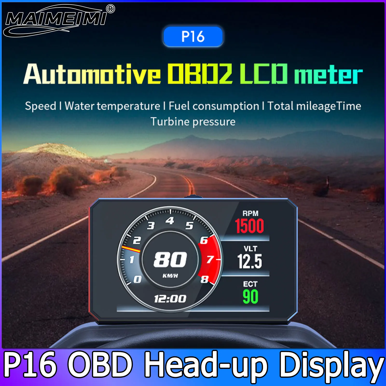 P16 Head Up Display HUD Display CarOBD2 Head-Up Display Car Speedometer RPM Water Temperature Voltage Car Speed Security Alarm
