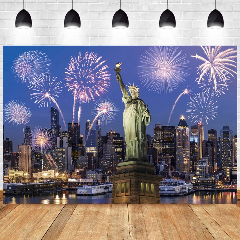 New York City Night Backdrop Manhattan Scene Skyscraper Urban Building Fireworks Statue of Liberty Photography Background Props