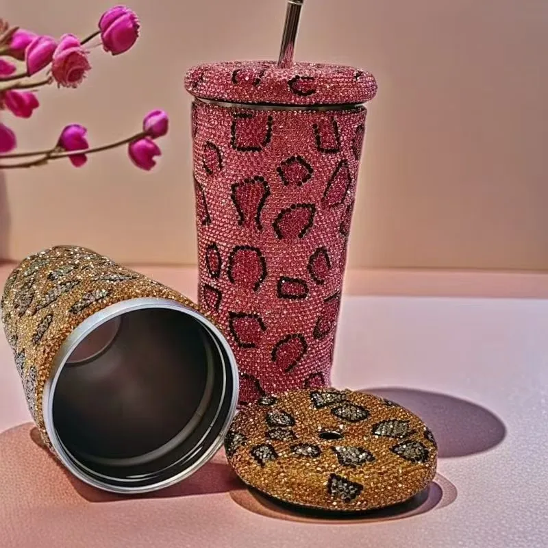 Luxury Leopard Print Straw Cup Diamond-studded Tumbler Insulated Stainless Steel Water Bottle Portable Fashion Item Perfect Gift