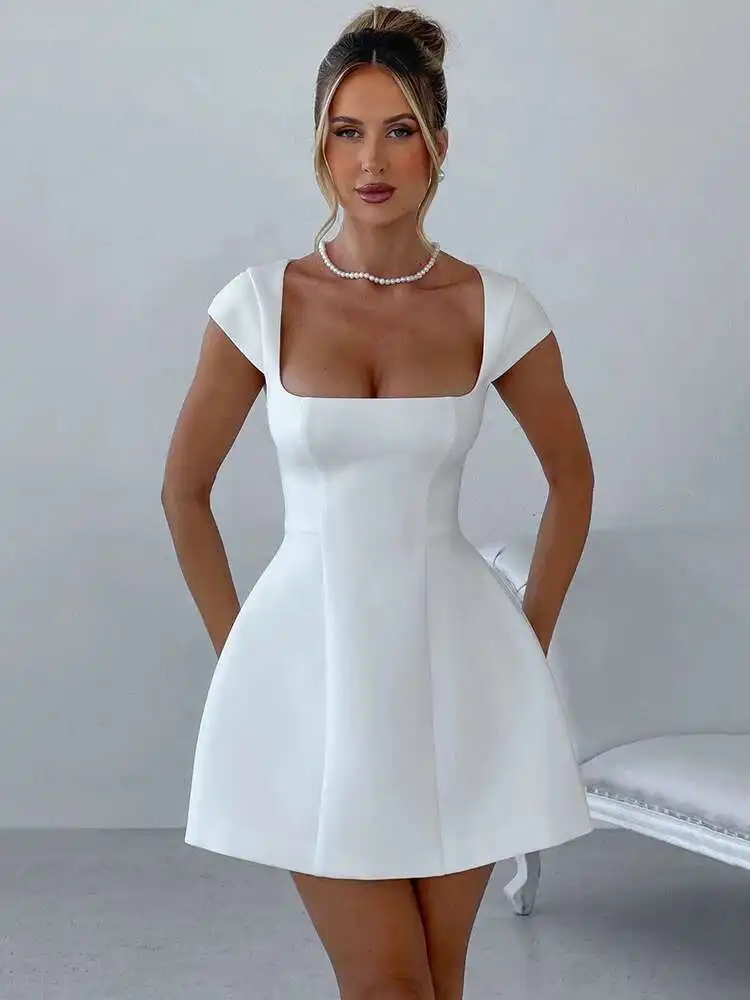 

Mozision Square Collar Short Sleeve Mini Dress For Women Robe New Fashion Solid A-line Loose High Waist Short Dress Elegant