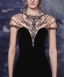 Bespoke Evening Dress Elegant Black Pearl Gemstone Chain Round Neck Long Sleeve Tight Zip To Floor فساتين السهرة 2023 Three Styl