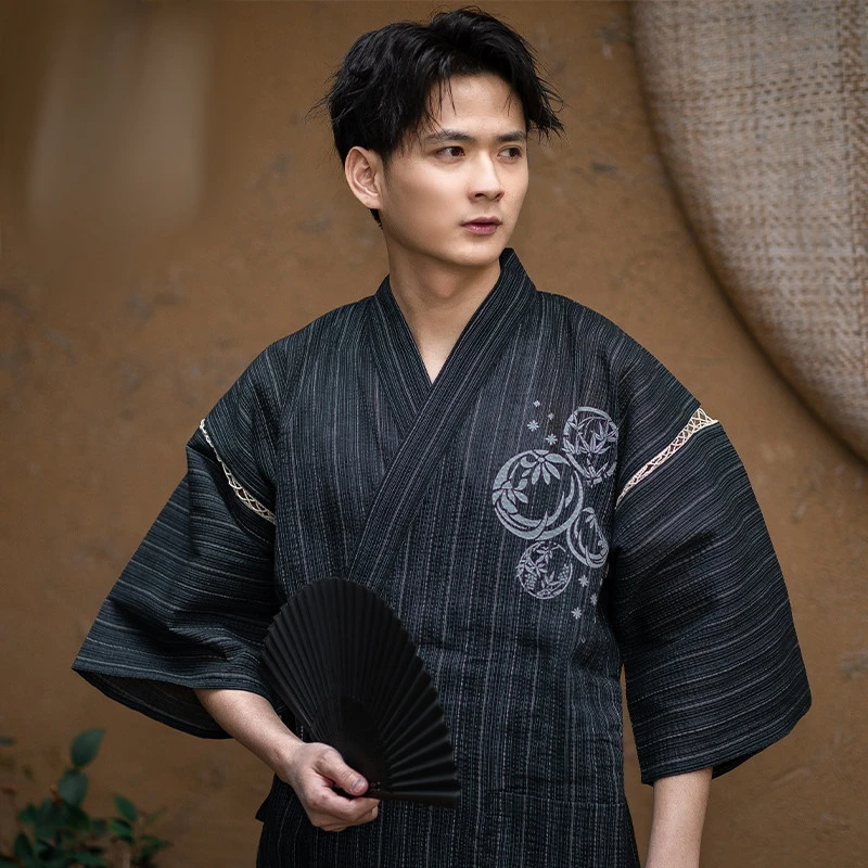 

Мужской японский комплект джинбэй с коротким рукавом: летняя домашняя одежда, дышащая хлопковая традиционная юката-кимоно, пижама для дома, спа и сауны