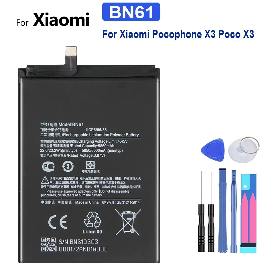 Replacement Batteries and Tool Phone Battery for Xiaomi Pocophone X3, Poco X3 Pro, BN57, BN61, 6000mAh