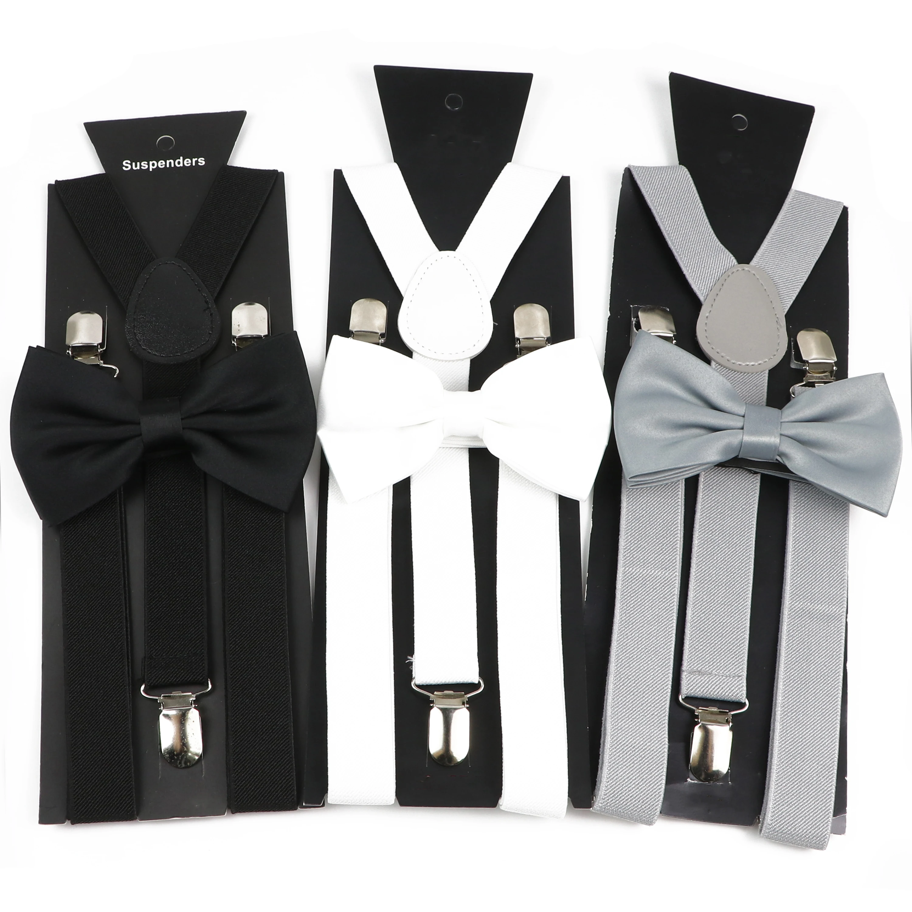 Fashion Classic White Black Grey Suspender Bowtie Sets For Men Kids Elastic Y-back Straps Butterfly Wedding Groomsman Accessory