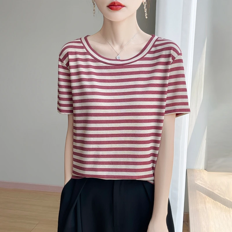 

Spring And Summer Fashion Classic Color Matching Stripe Bottoming Short Sleeve Female Joker T-shirt