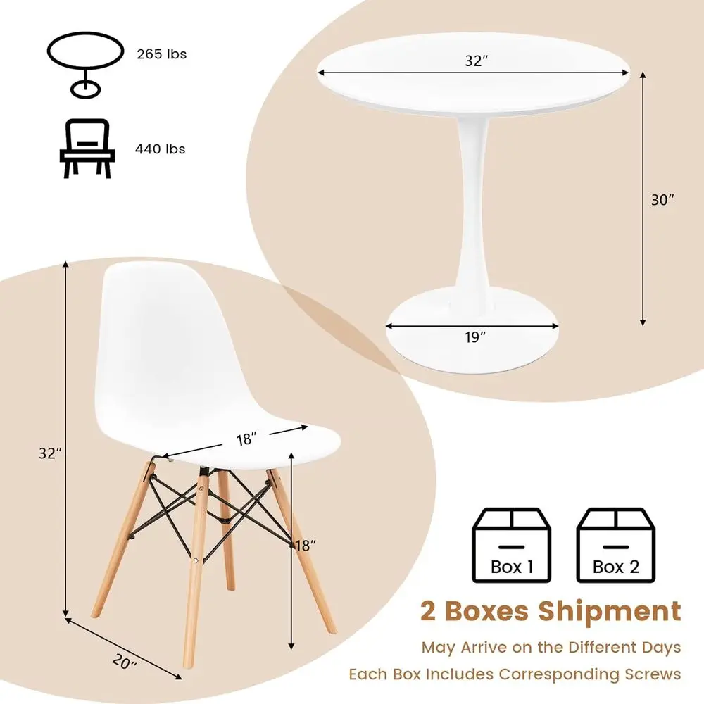 Ensemble de salle à manger moderne 4 pièces : 32 tables rondes blanches avec chaises pour petits espaces et appartements