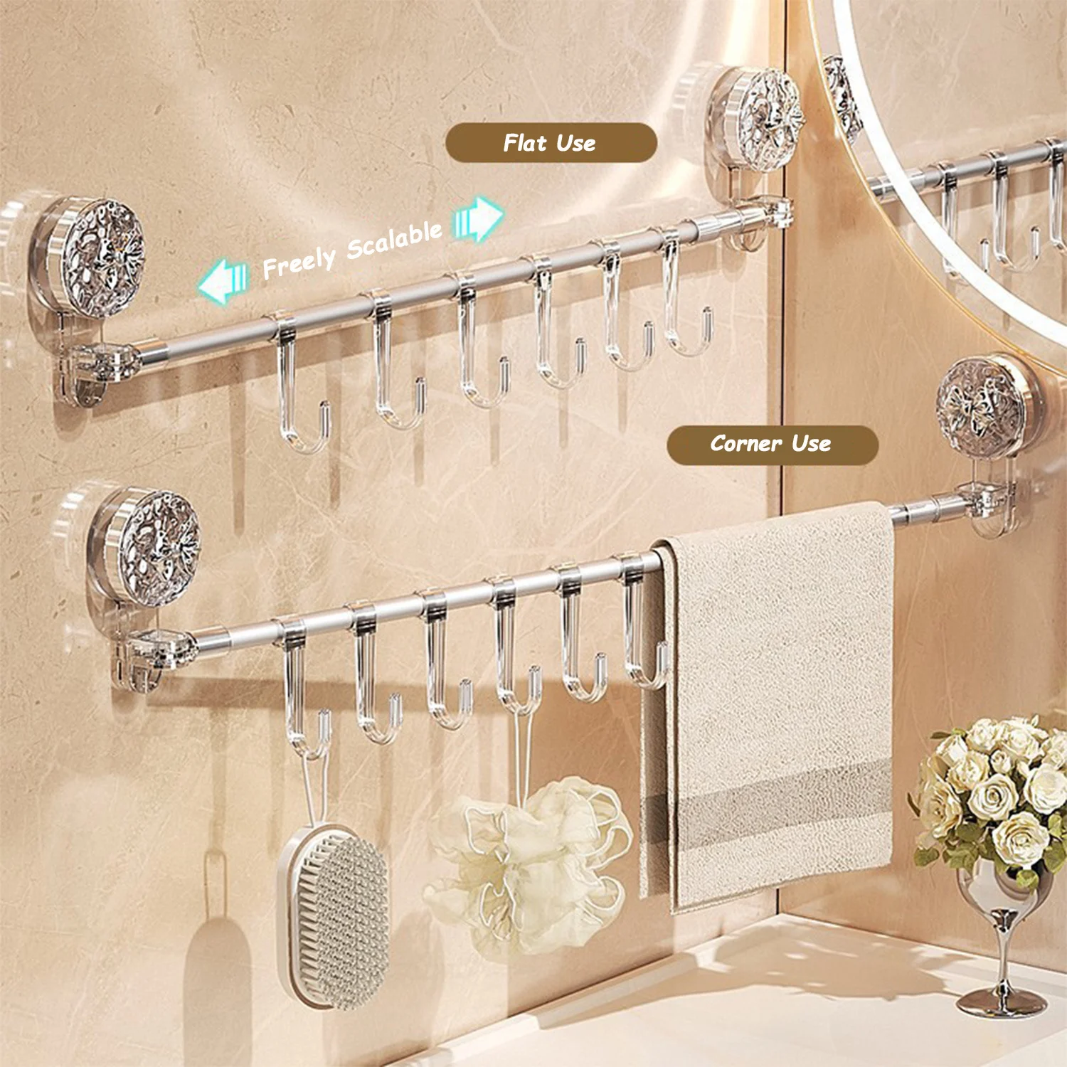 Sucker Hanging Wall Towel Rack No-drill Easy Installation Telescopic Hanging Rod 180° Free Rotation Flat/Turning Feet Shelf
