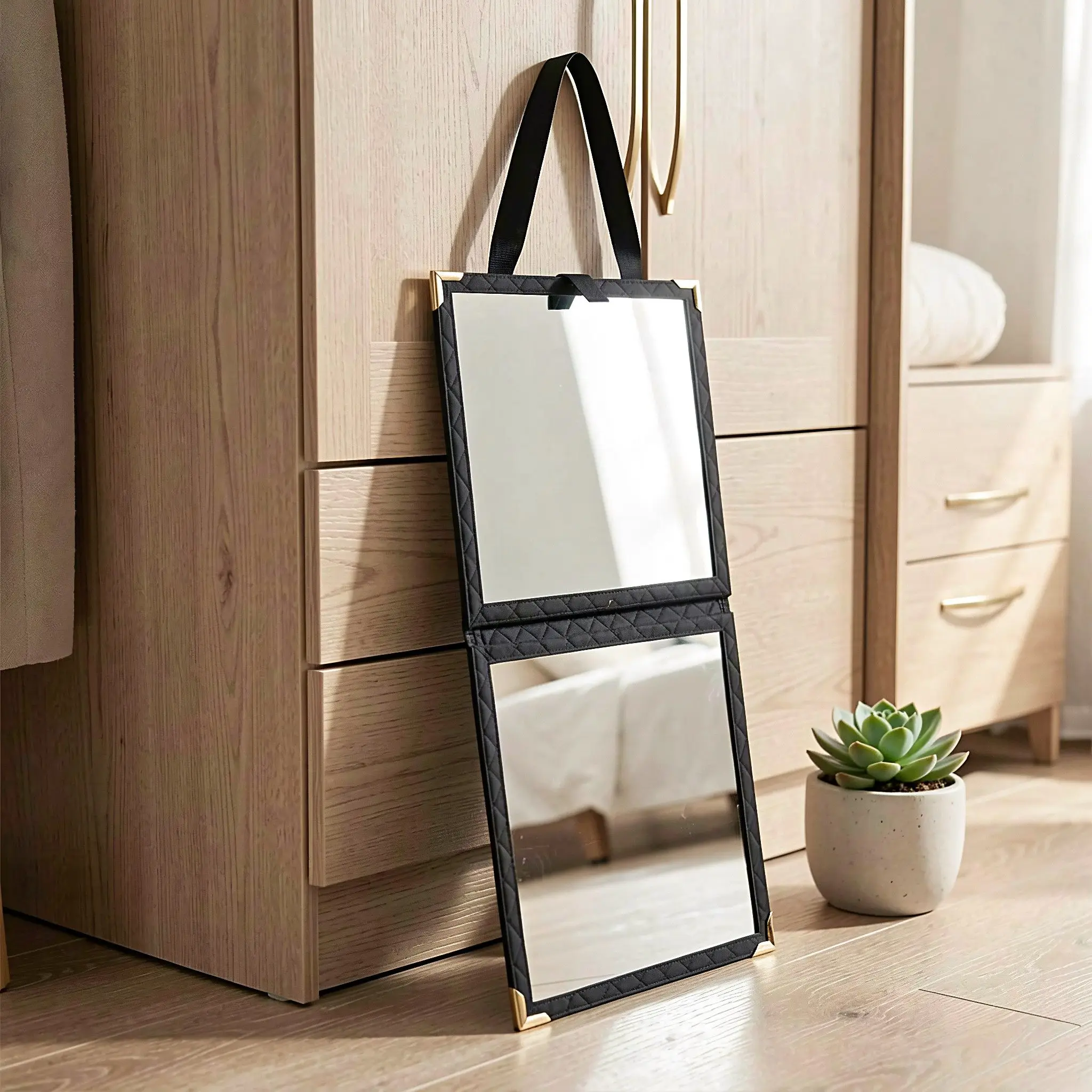 25.2x11.4in Foldable Acrylic Rectangular Mirror with Handle Black Portable Collapsible Hanging Mirror for Dance Studio Backstage