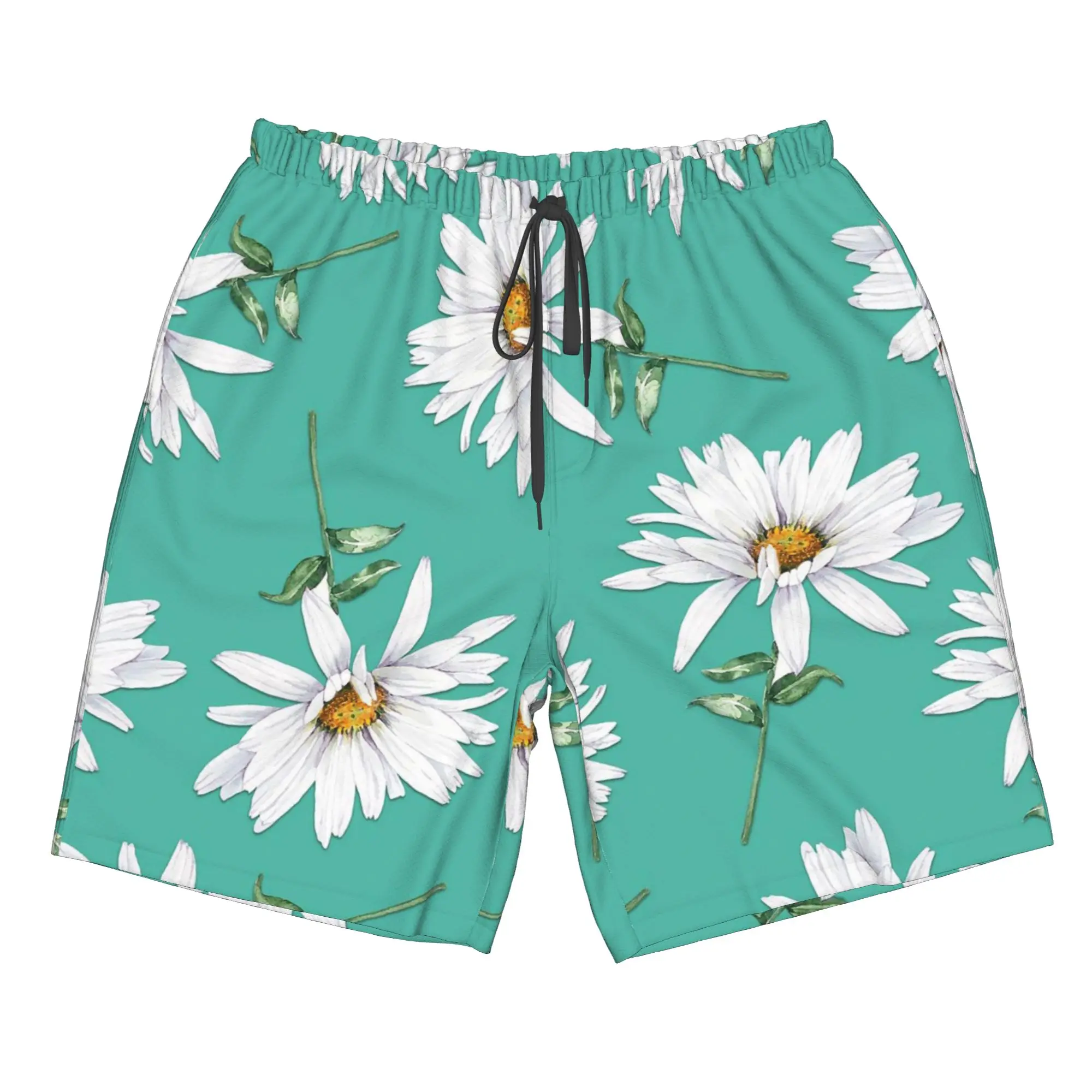 Macaron Colour Green Daisy Pattern Trunks Beach Board Shorts Casual Quick Dry Swimming Summer Men Pants