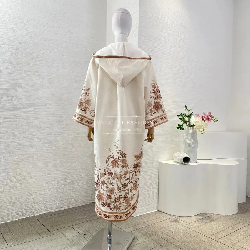 Robes d'été pour femmes, Vintage, Beige, manches longues, capuche, imprimé Floral paon, robe mi-longue ample, 2025