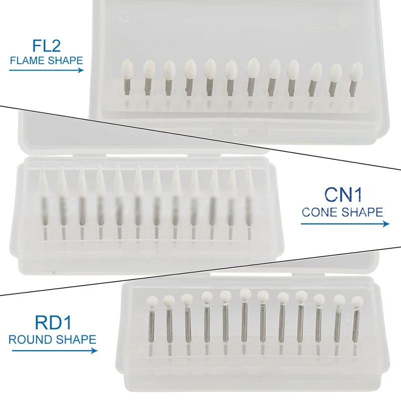 12 قطعة/الحزمة لهب الأسنان مخروط جولة الحجر الأبيض الملمع الأزيز لتلميع عيادة الأسنان المعادن الراتنج الخزف FL2 CN1 RD1