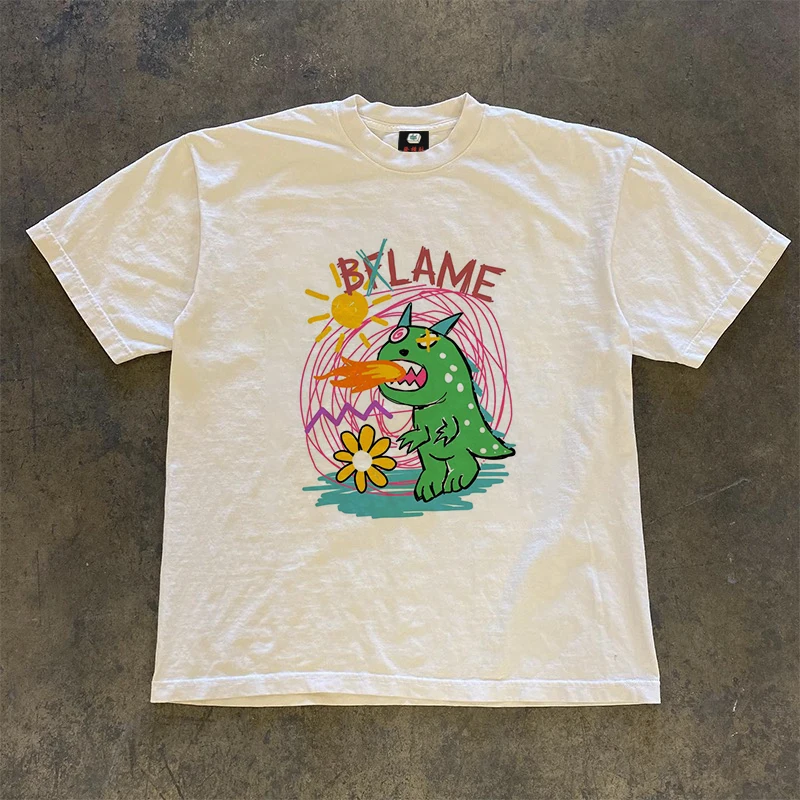Creative Dinosaur Graffiti Print Street Style Short Sleeve T-Shirt Unisex Cotton Casual round Neck Summer Top by Wang Studio
