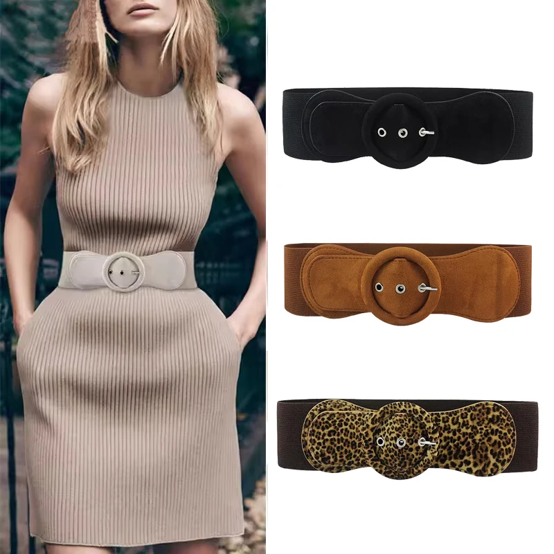 

7.5cm Wide Round Pin Buckle Women Strechy Belts for Dress Wemen Multi Color Simple Elastic Waistband Black Beige and Leopard
