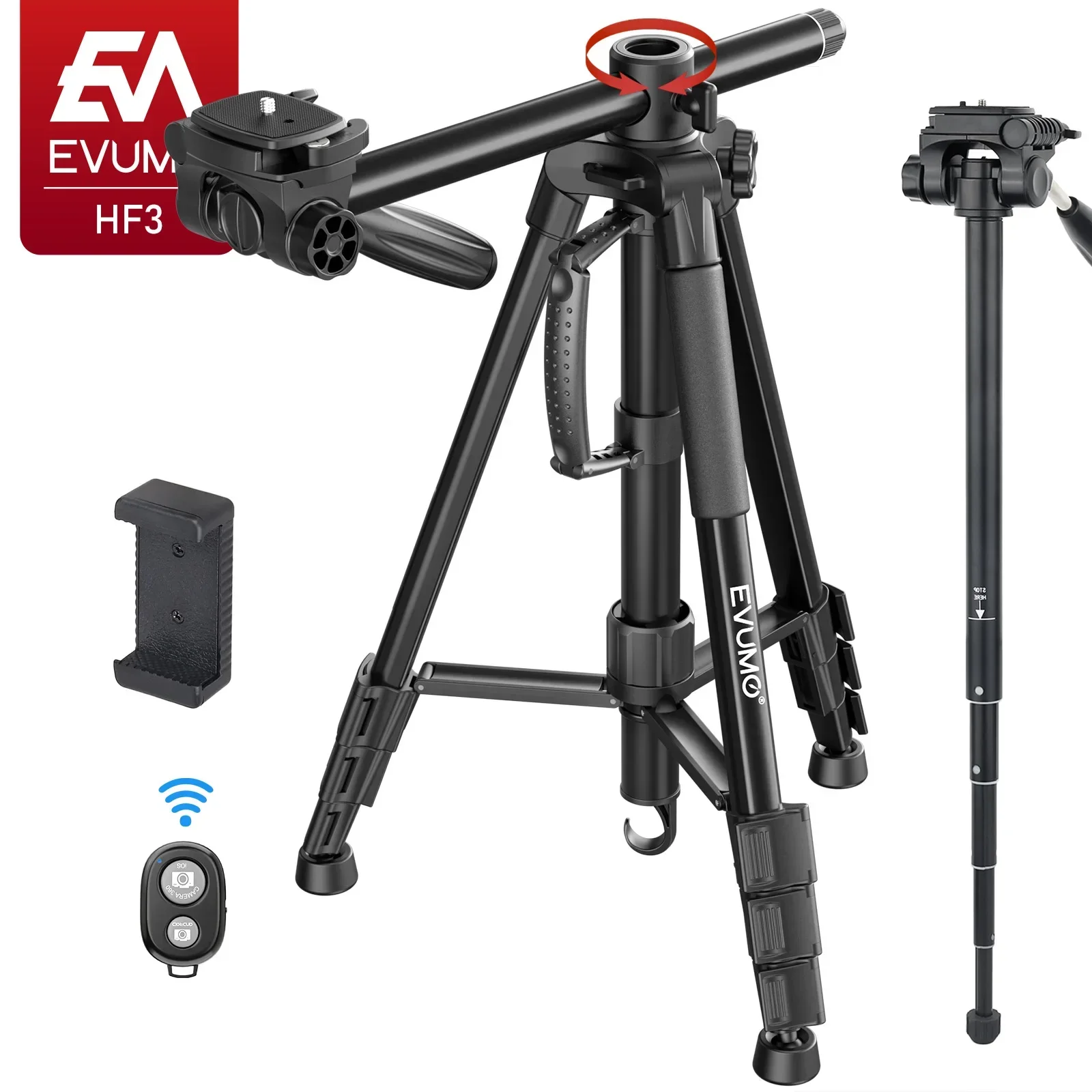 

EVUMO HF3 Professional Horizontal Tripod Max 1.67M Lightweight Travel Aluminum Tripod Stand Bluetooth for Canon Nikon Sony Phone