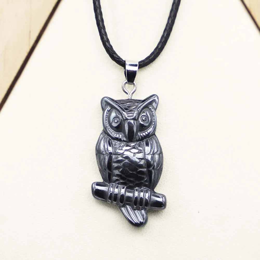 1pc New products Natural Stone Hematite Owl Necklaces Pendants Black Leather Rope Buckle Accessories Fashion Charms Jewelry gift