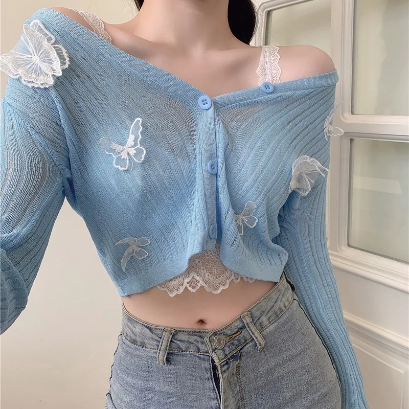 2024 Spring Cardigan Women Korean Style V-neck Long-sleeved Thin Fashion Lace Butterfly Office Lady Versatile Short Tops Female