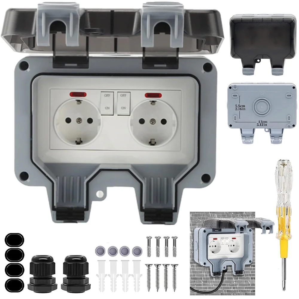 Steckdosenbox, IP66, wetterfest, Steckdose, 16 A, 220–250 V, Steckdose für den Außenbereich, Doppelte Dichtung aus Gummi, für Garten, Hof, Schwimmbad