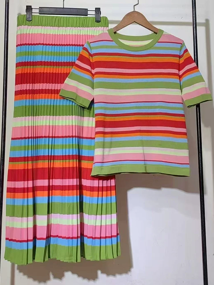 

Fashion Spring/Summer 2025 new striped women's suit T-shirt with short sleeves and elastic waist A-skirt temperament two-piece s