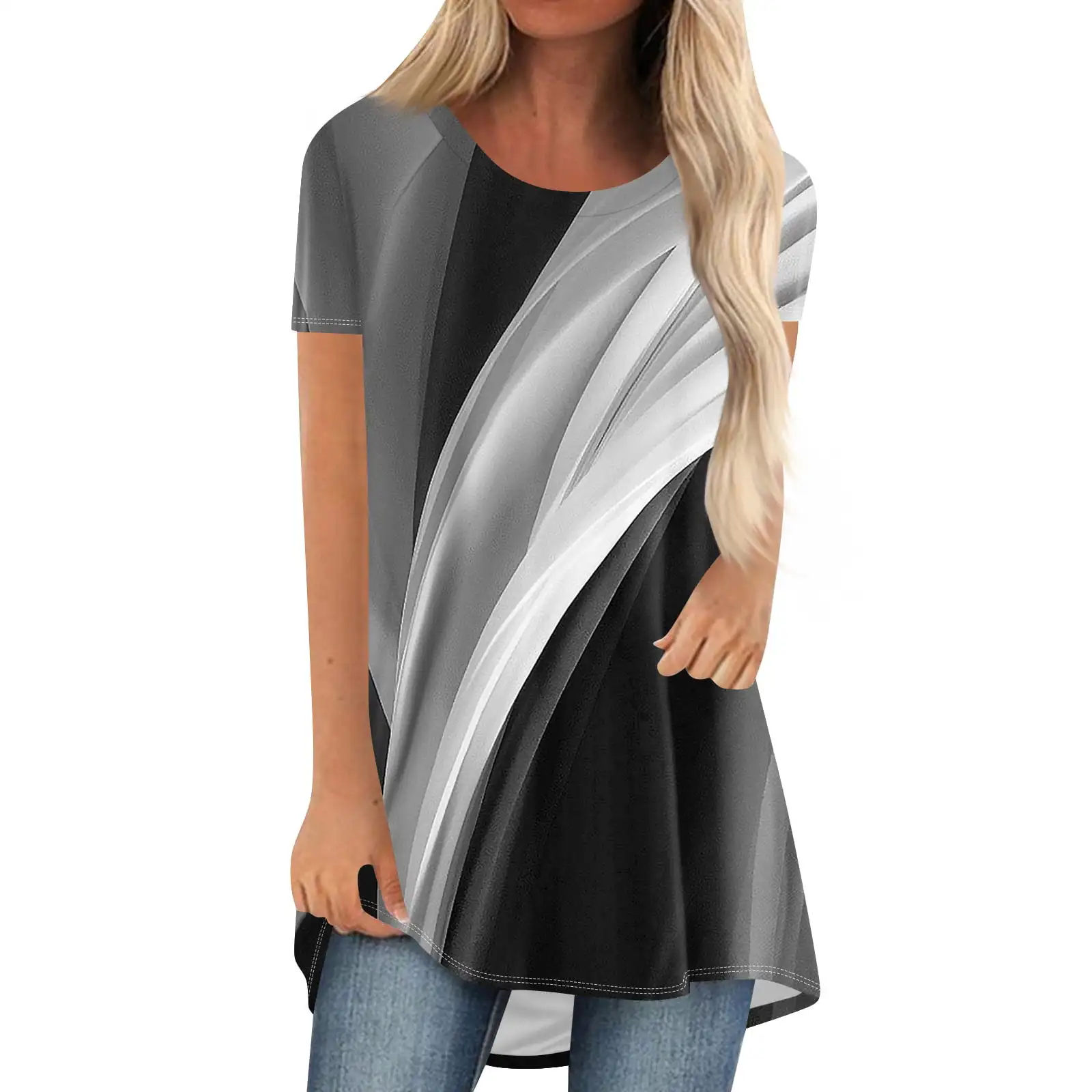 추상 그래픽 3D 프린트 롱 티셔츠 여성 패션 오버사이즈 반팔 티셔츠 스트리트웨어 Y2K 탑 티셔츠 여성 의류