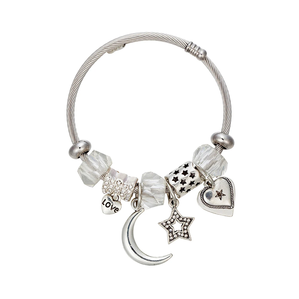 ANNAPAER New Design Stainless Steel Bangle Color White Moon Star with Heart5Beaded Charms Bracelet Special Offer Gift For Mother