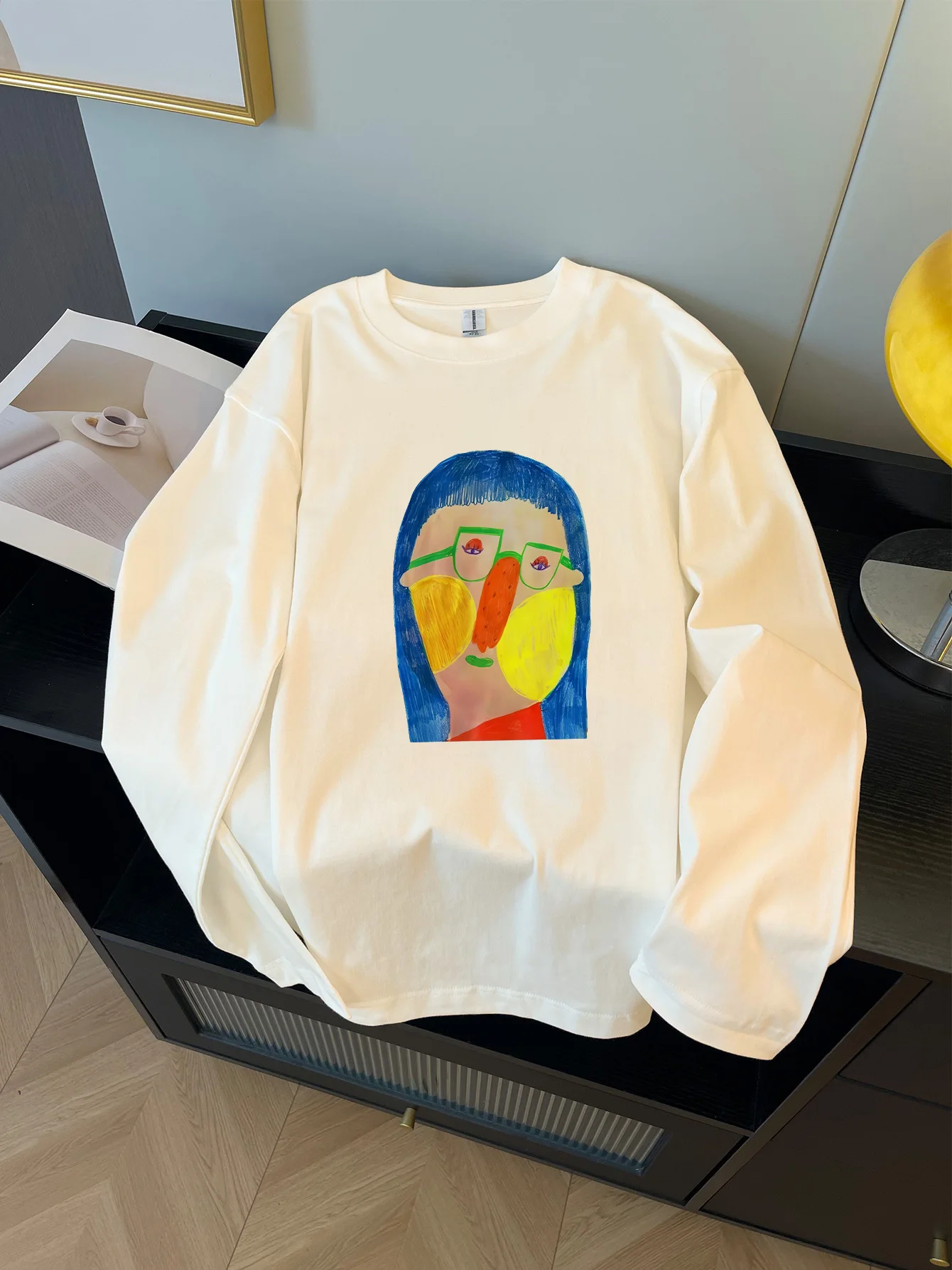 Long Sleeve T-Shirt - Royal Blue Casual Shirt with Abstract Face Graphic, Soft Everyday Top for Fall/Winter, Machine Washable