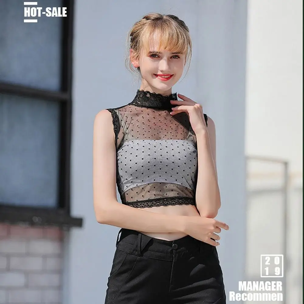Fashion Mesh Lace Vest Tender Sexy Solid Hotsweet Crop Tops Elastic Casual False Collar Women