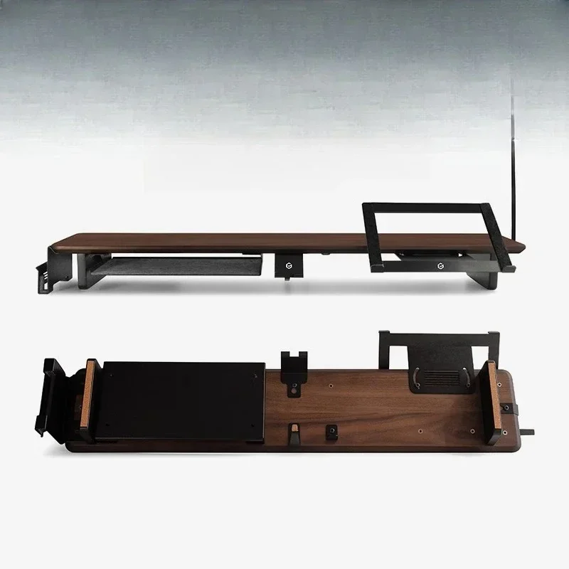 

Elevated frame walnut surface computer screen pad elevated office table