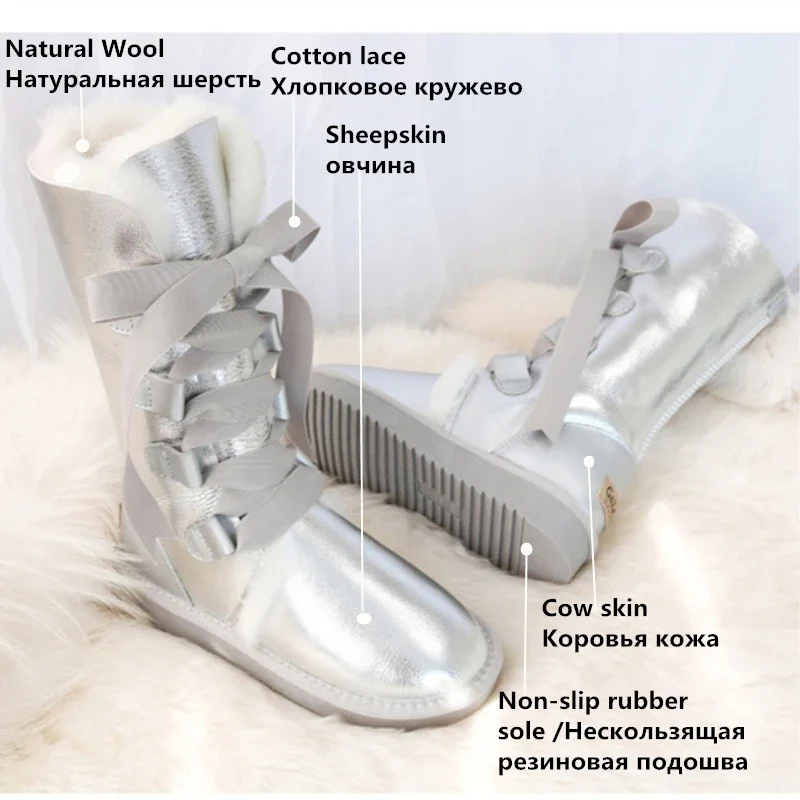 G&Zaco Luxury Sheepskin Snow Boots Australia Knee high Winter Natural Wool Boots Sheep Fur Boots Knee Bow Flat Women Long Boots