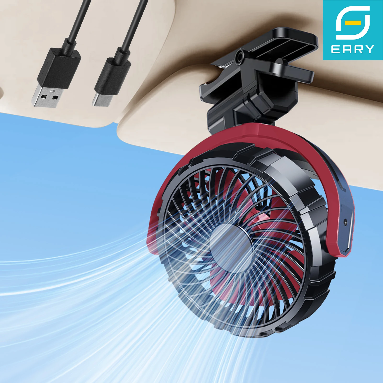 

Eary Battery Powered Car Fan 2000mAh Clip On Fan for Car Visor Quiet 360° Rotate Usb Rechargeable for SUV Van Truck Accessories