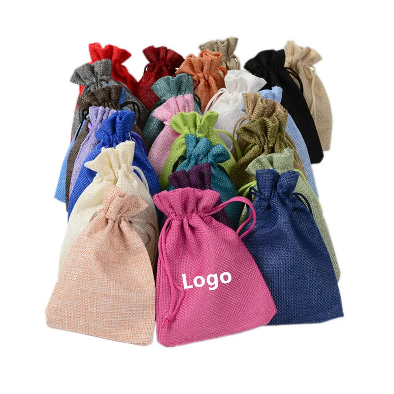 50 Pcs/lot Drawstring Linen Bags 7x9 9x12 10x14 13x18cm Wedding Party Christmas Gift Packaging Jewelry Pouches Customized Logo