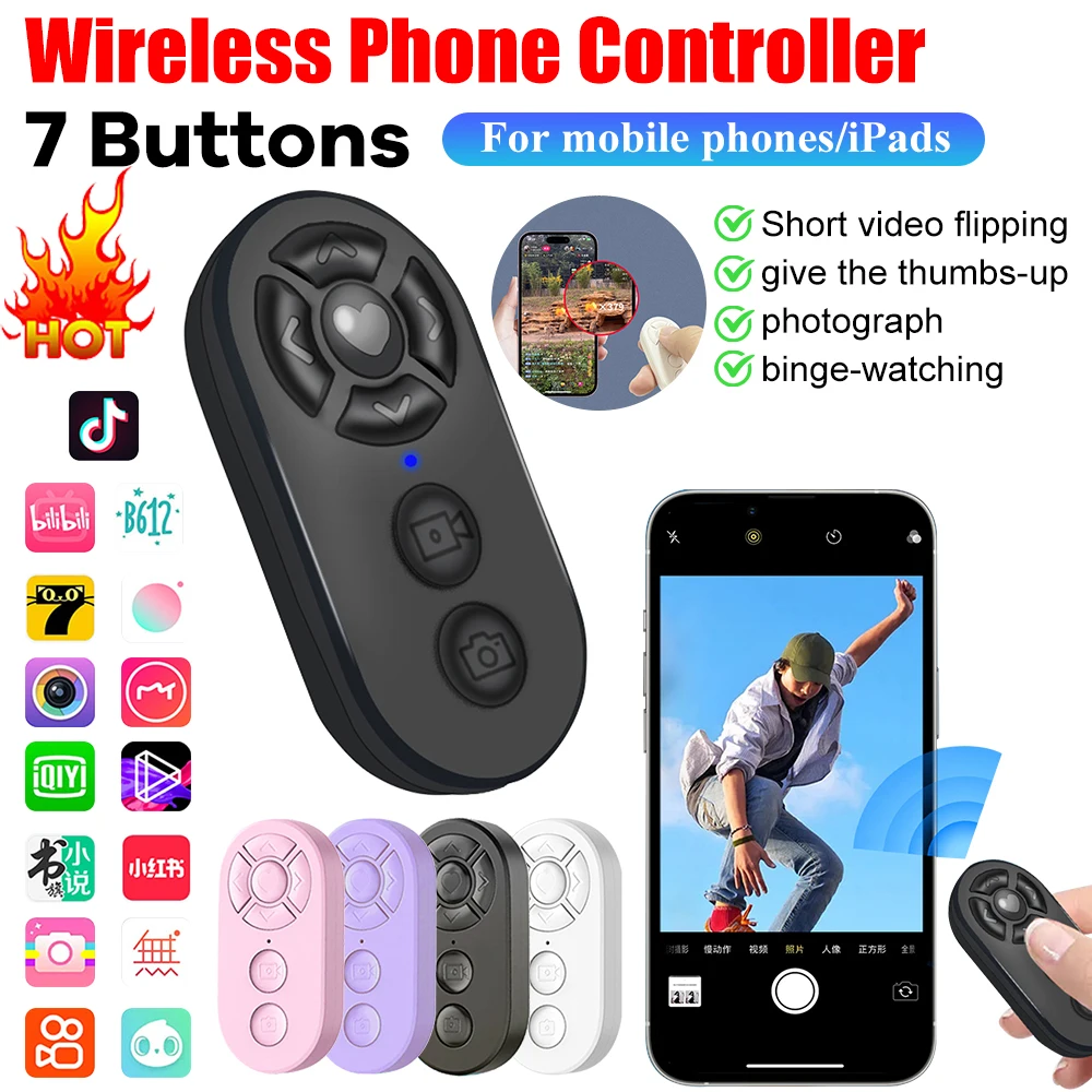 7 Buttons Remote Controller Rechargeable Bluetooth Smart Remote Selfie Stick Camera Controller for ios Android Photos and Videos