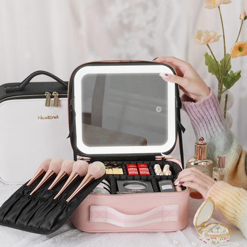 

C2 LED Cosmetic Case Makeup Light Smar twith Mirror Bag Large Capacity Fashion Portable Storage Bag Travel Makeup Bags for Women