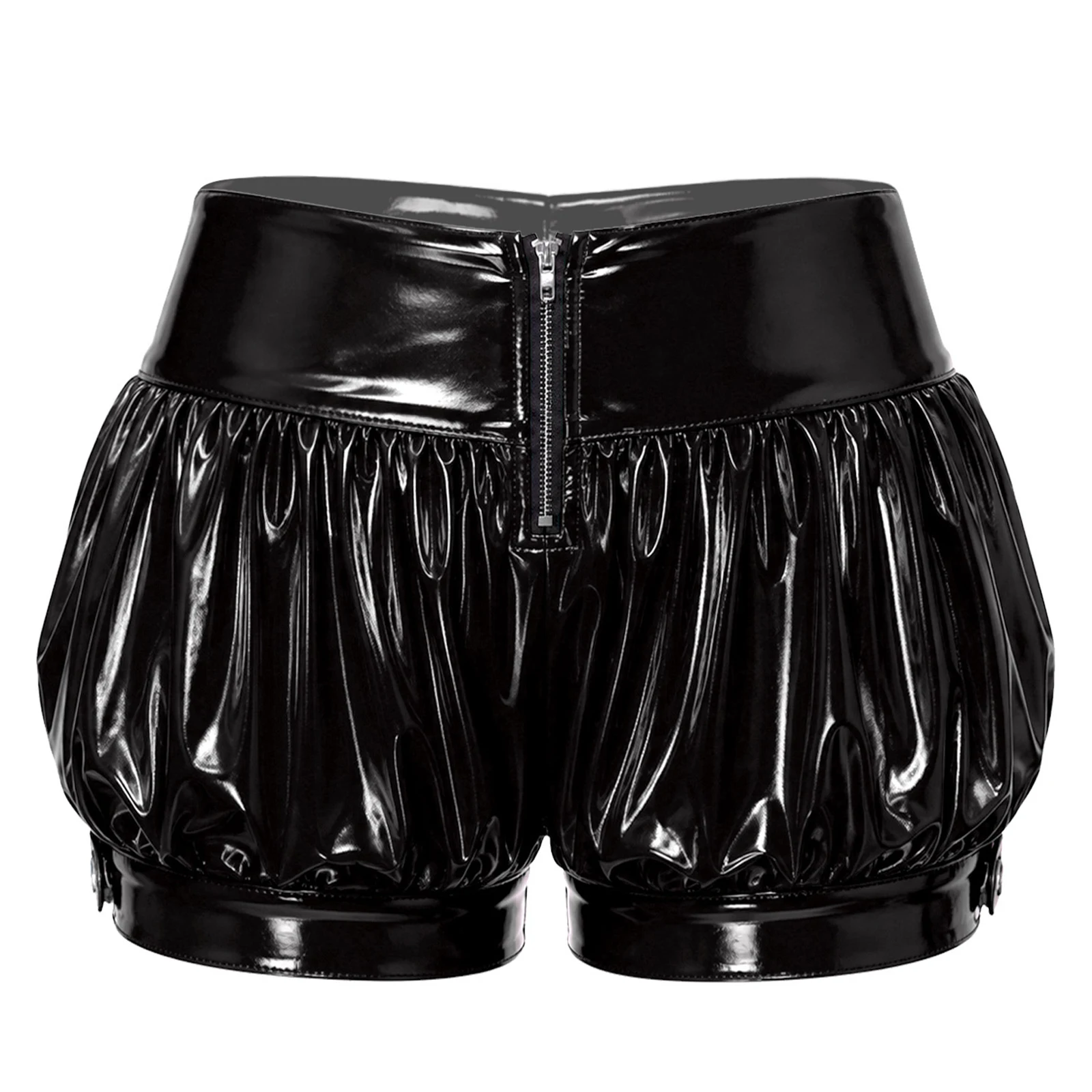 Womens Glossy PU Leather Lantern Bubble Shorts High Waist Front Metal Zipper Gathered Shorts Adjustable Buckle Cuffs Hot Pants