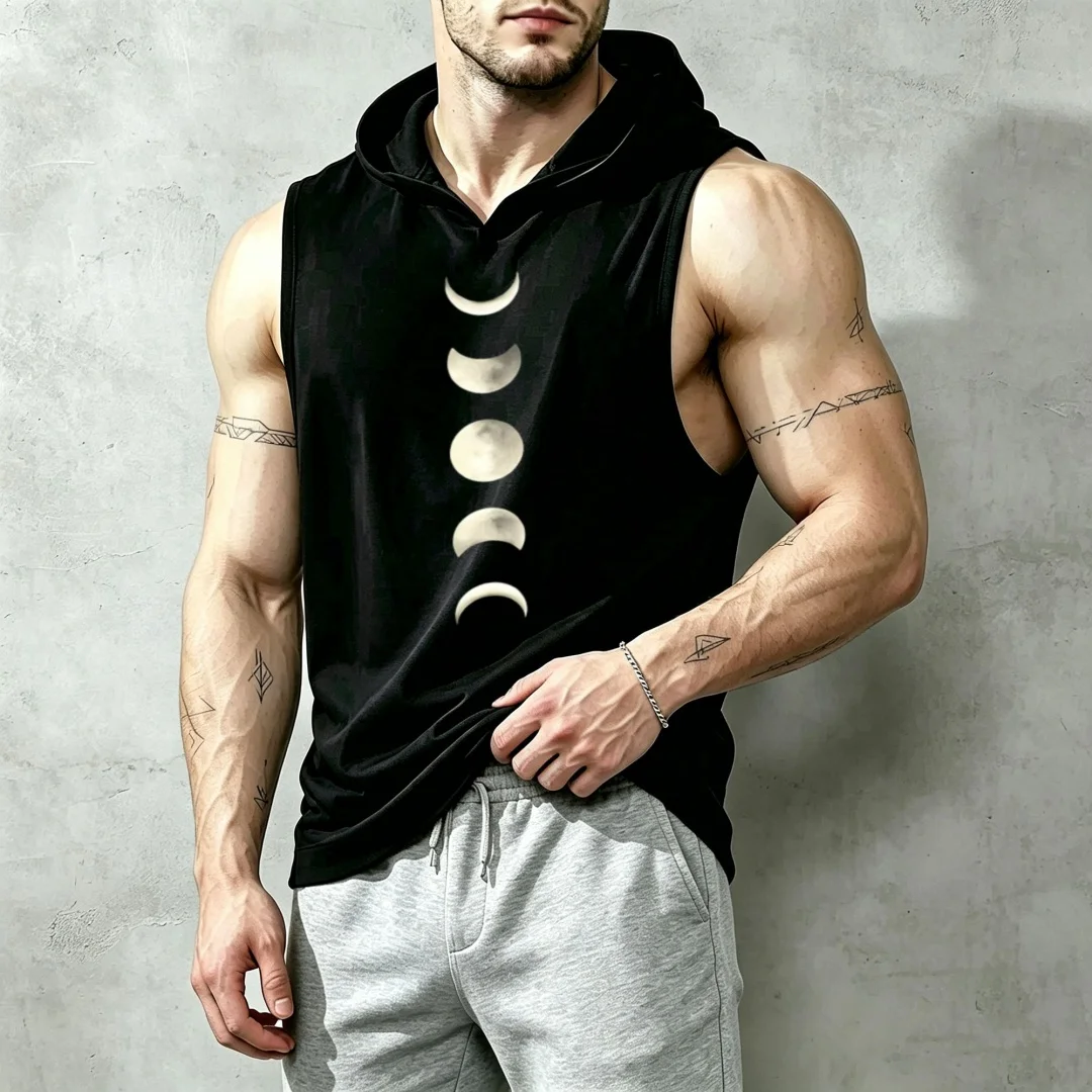 Men's Sleeveless Hoodie – Minimalist Graphic Design (Vertical Moon Phases/Lunar Cycle), 100% Cotton; Suitable for Fitness, Bohemian, and Casual Wear