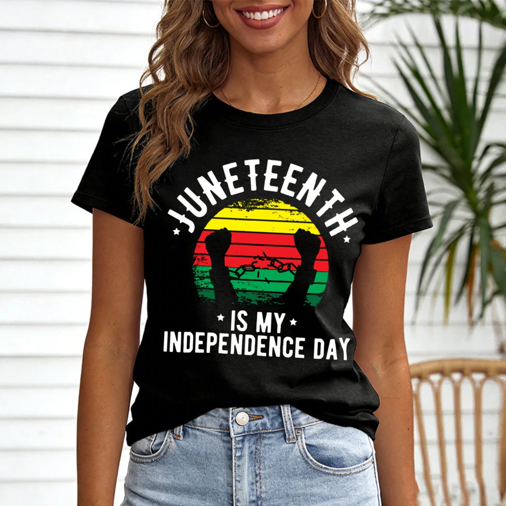 Juneteenth Independence Day Women T-Shirt Black History Celebration Gift Retro Pattern Print Clothes O-neck Clothes