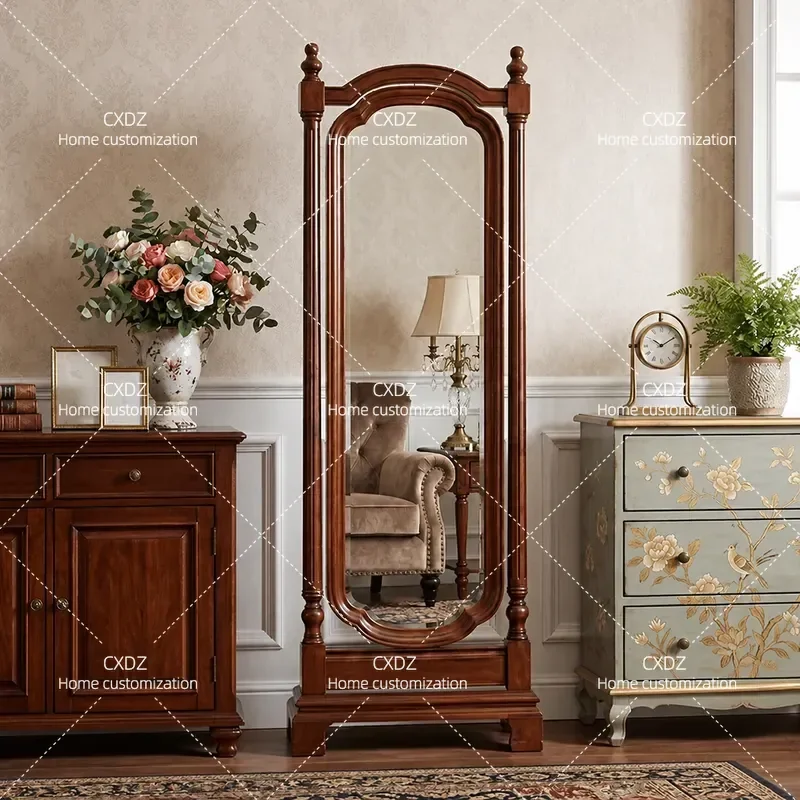 Solid Wood Full Length Mirror Floor Standing Arched Retro Style Multi Functional Household Removable Storage Dressing Mirror