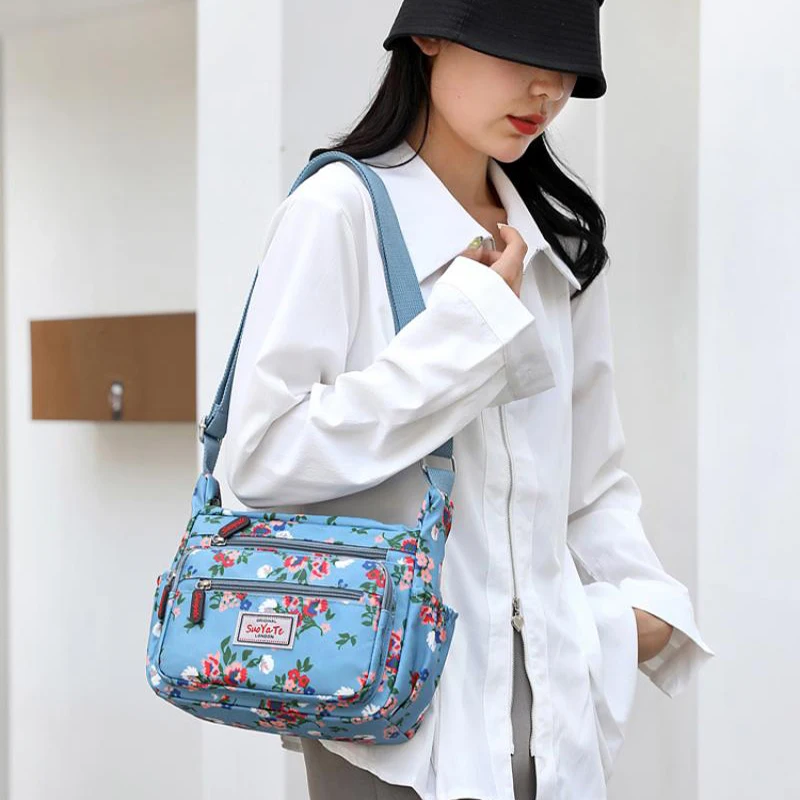 Multi-Pocket Women's Crossbody Bag Waterproof Nylon Casual Shoulder Bag Messenger Bag Designer Floral Pattern Zipper Handbags