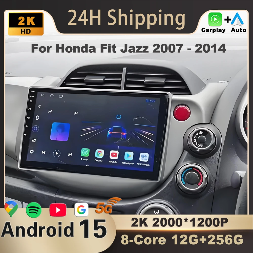 Radio para Auto de 10 Pulgadas para Honda Fit Jazz 2007-2014, Android 15, GPS, Multimedia, Auto Carplay, Nuevo Ventilador BT, Unidad de Navegación, WIFI 2