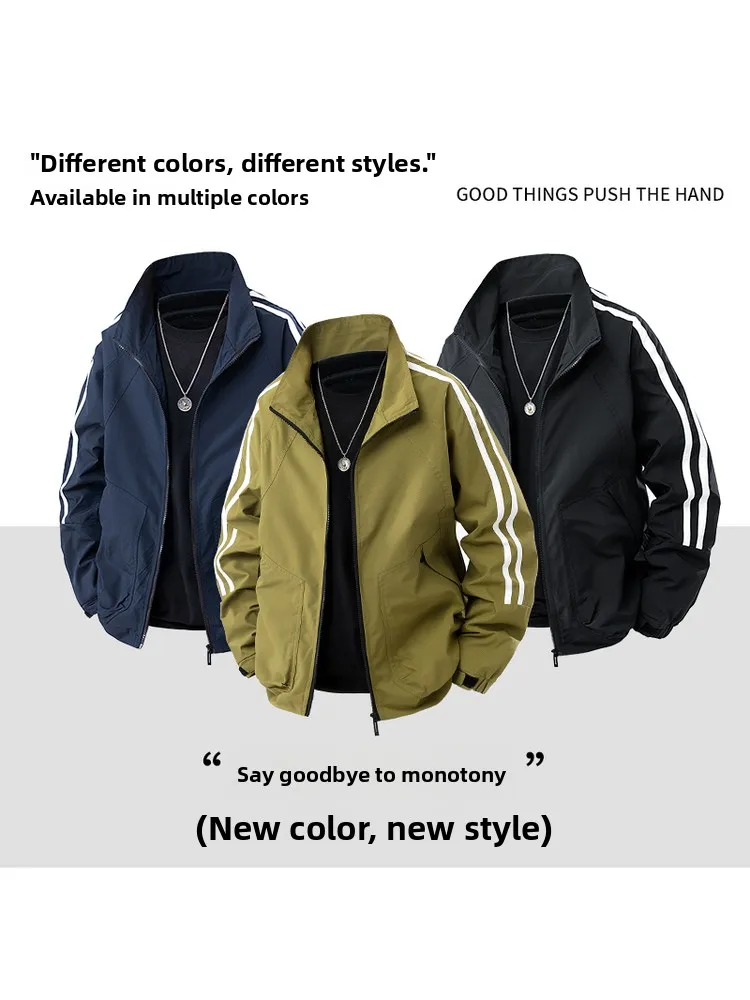 

New 2025 Men's Stand Collar Jaet Loose Casual Stripe Windproof Coat Zipper Decorative Patch Button Decorative Waed Polyes...