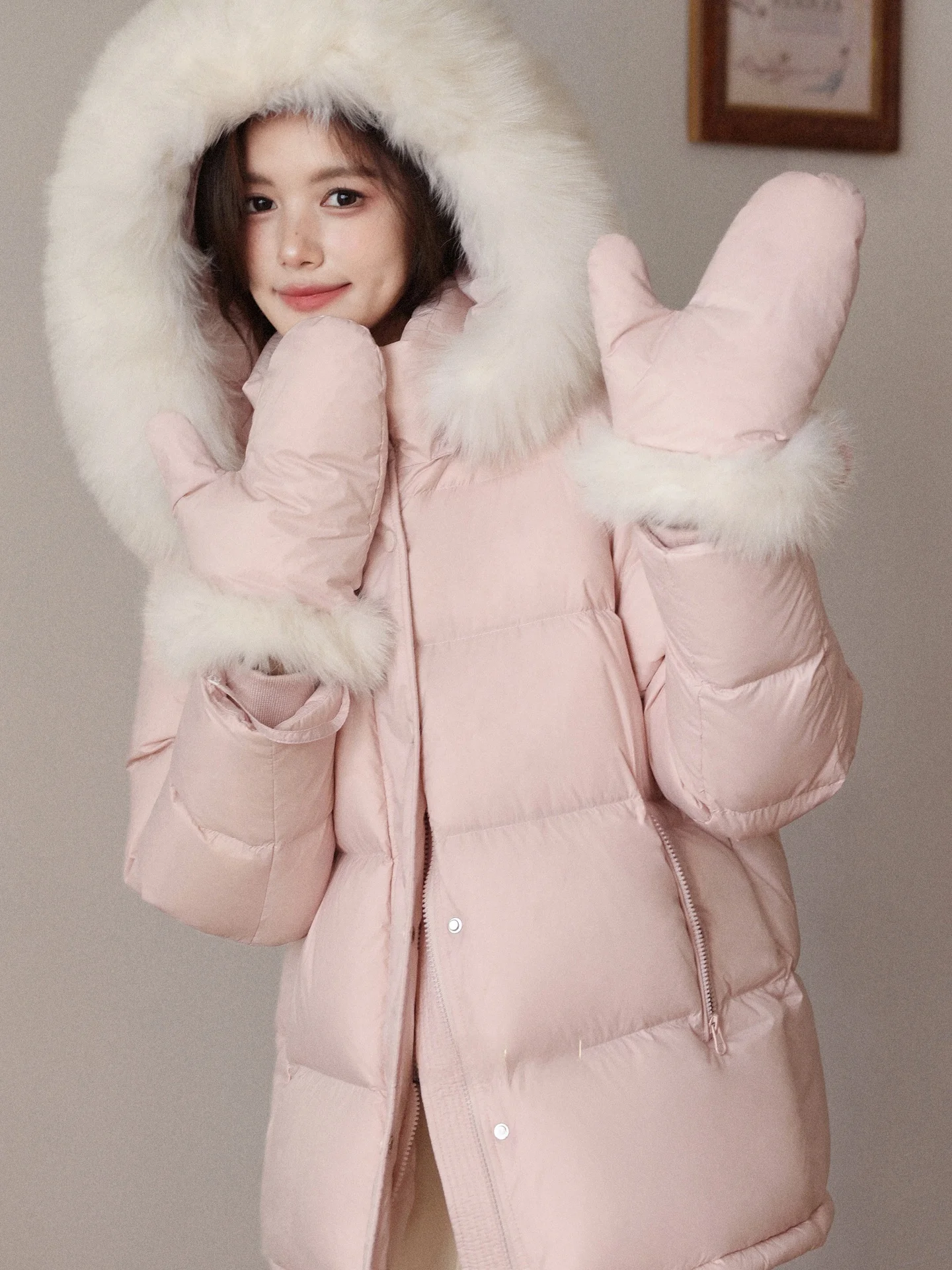 

Зимнее утепленное пуховое пальто South Deer с длинными рукавами для женщин, повседневное, с розовым узором «Цветущая слива», теплое, с капюшоном