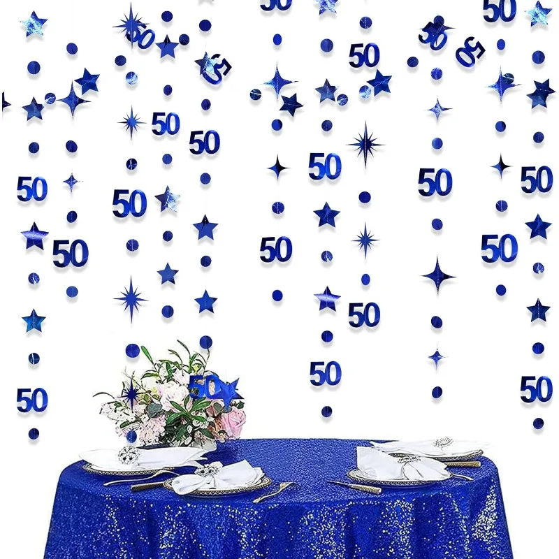 Navy Blue 50th Birthday Banner Decor Number 50 Circle Dot Twinkle Star Garland 50 Year Old Happy 50th Anniversary Party Supplies