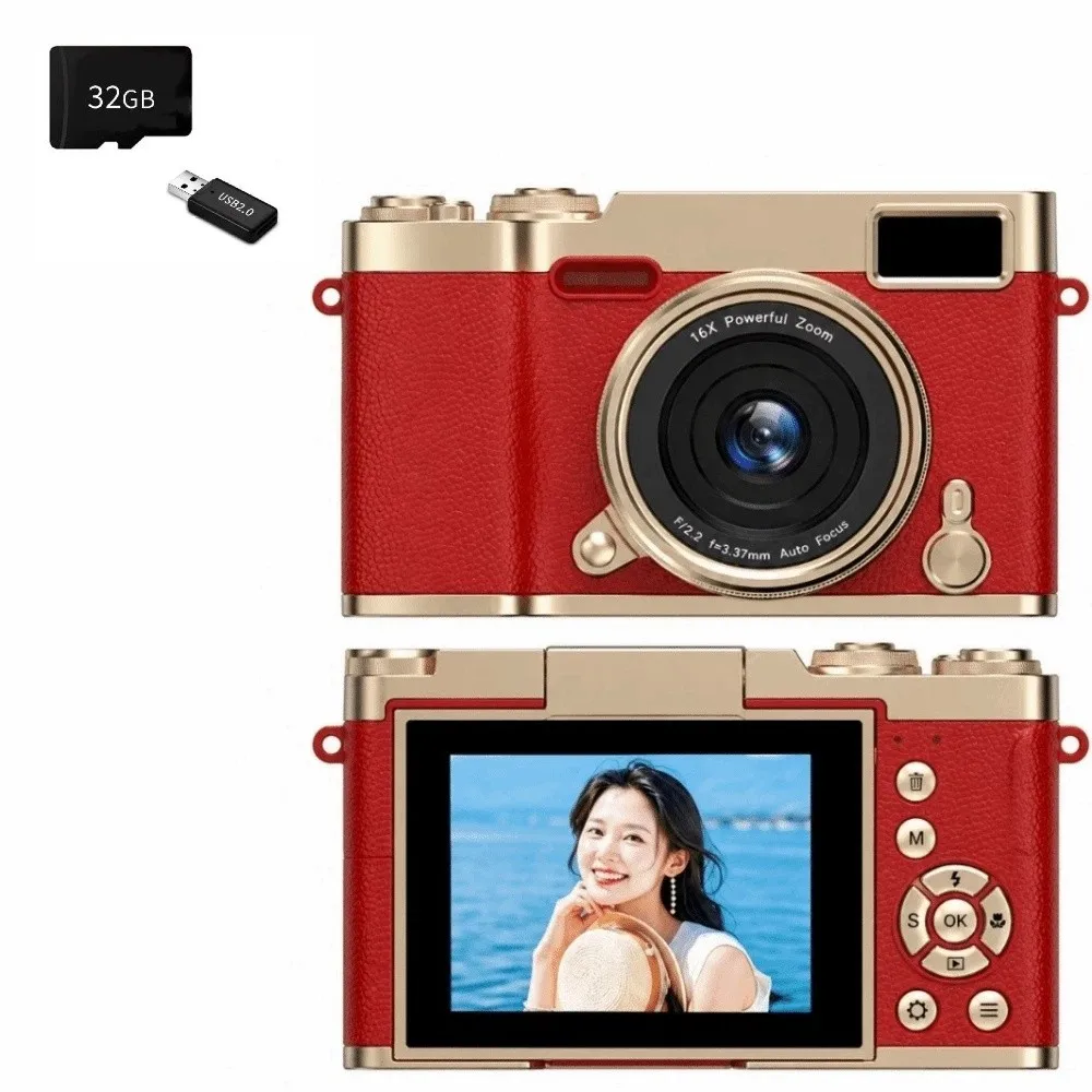 Portable 16X Zoom CCD Digital Camera 2.4-inch Screen 1080P Compact Digital Camera Built-in Flash 48MP Flip Screen Camera Travel
