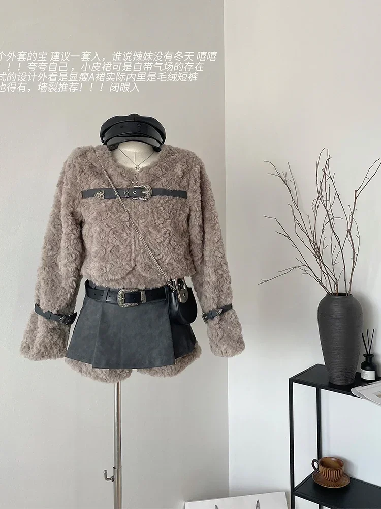 Women\'s Two Piece Suit Vintage Grey Long Sleeve Teddy Coats with A-Line Mini Skirt 90s Vintage Y2k Skirt Sets 2000s Clothes 2024